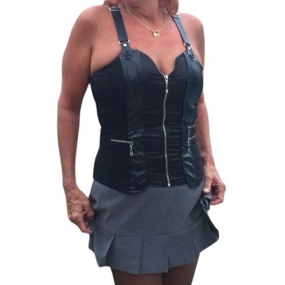 Oh Yes Suspender Back Zip Up Front Black Bustier Corset Top 3 zip pockets Size M - Picture 8 of 8